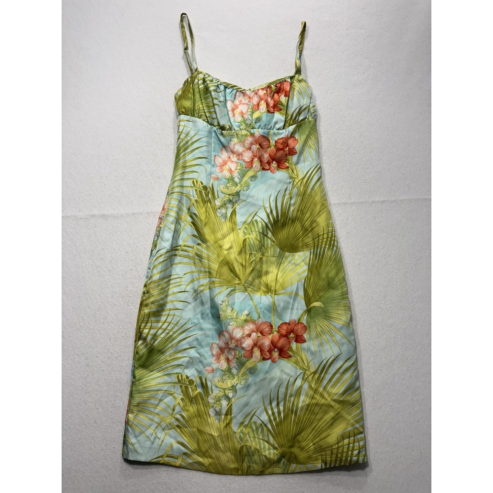 Tommy Bahama Dress Womens 6 Green Blue Silk Floral Sweetheart Sundress Strappy